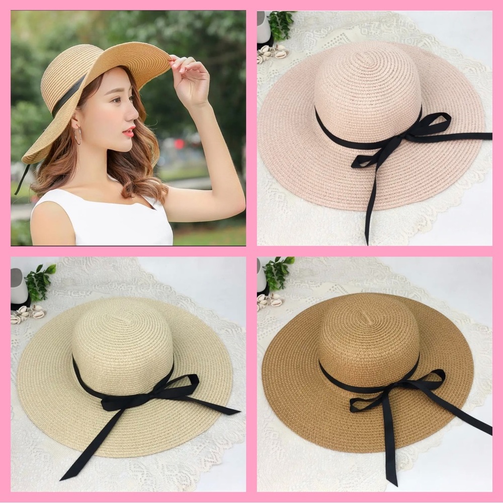 WIDE BRIM SUN HAT IN PINK, KHAKI OR NATURAL WITH‎ A BLACK RIBBON-NEW
